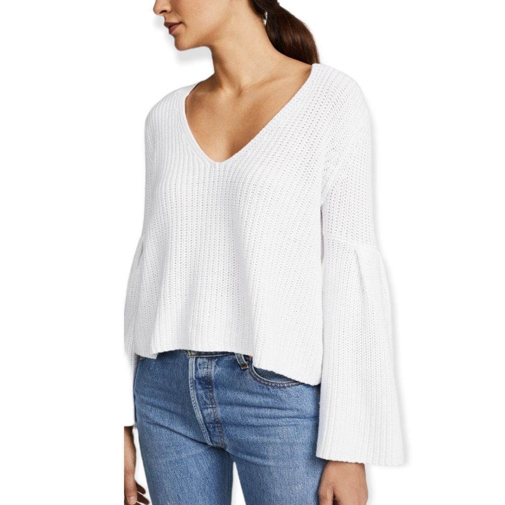 INTERMIX NWT White "Noelle" V-neck Bell-Sleeve Cotton/Silk Crochet Sweater S